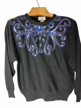 Vintage Cervelle Black Sweater Blue Sequins Beaded Size S Oversized Bedazzled